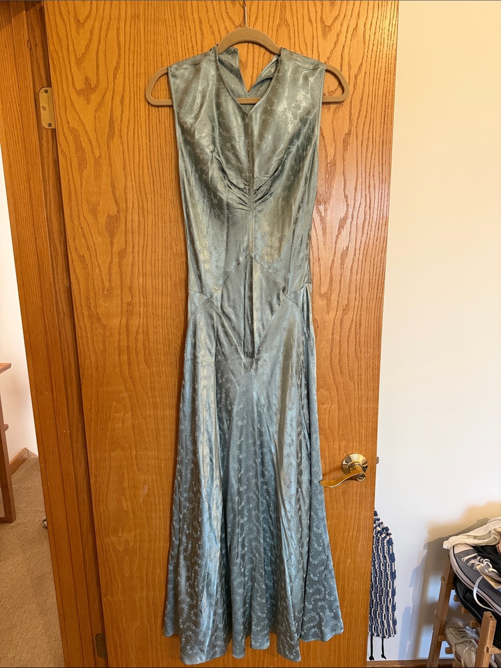 Doen Ginette Dress Dusty Sage Satin V-Neck Maxi Dress